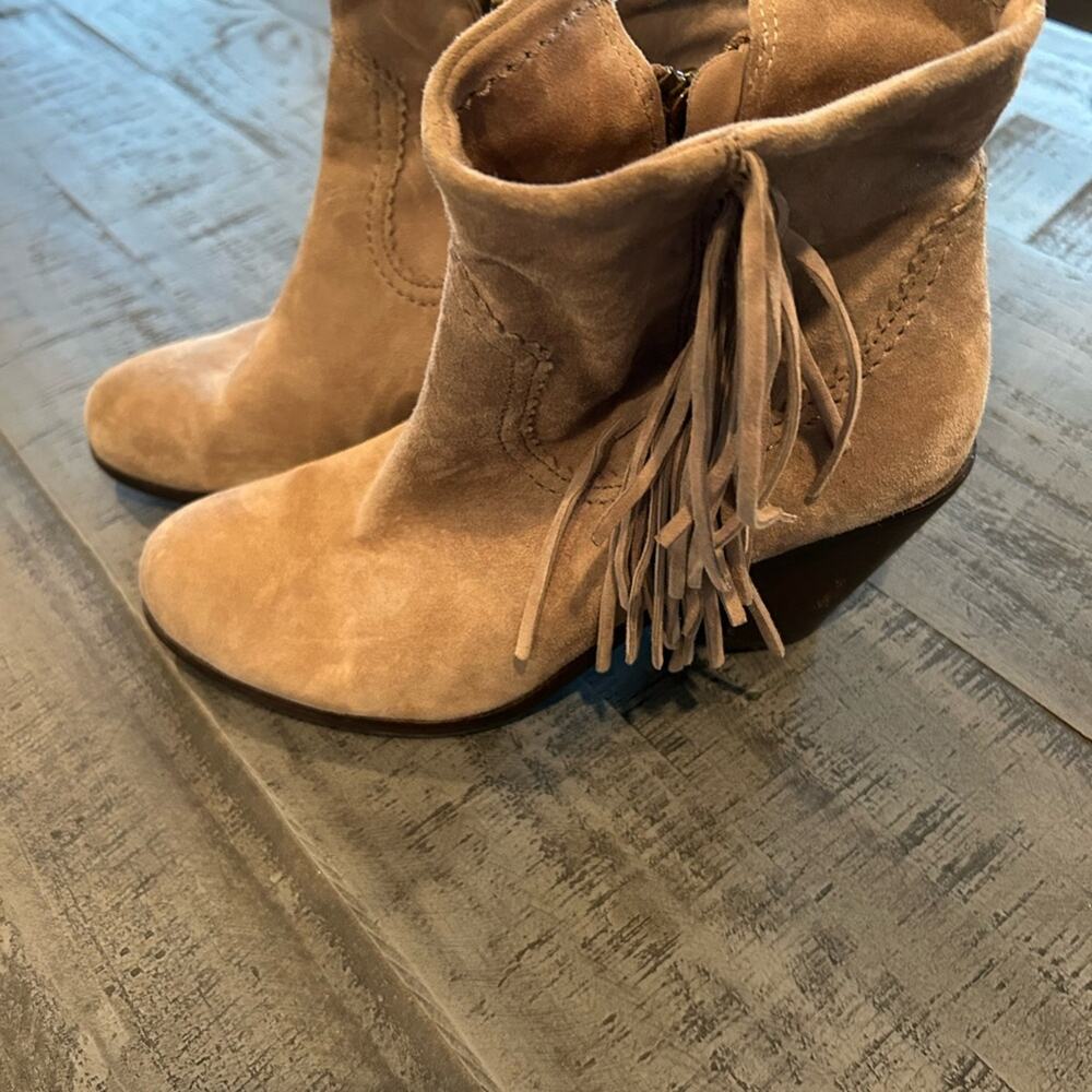 Sam Edelman Louie Tan Fringe Boho Booties Western Suede Booties - 7.5 Taupe Gray - Picture 4 of 8